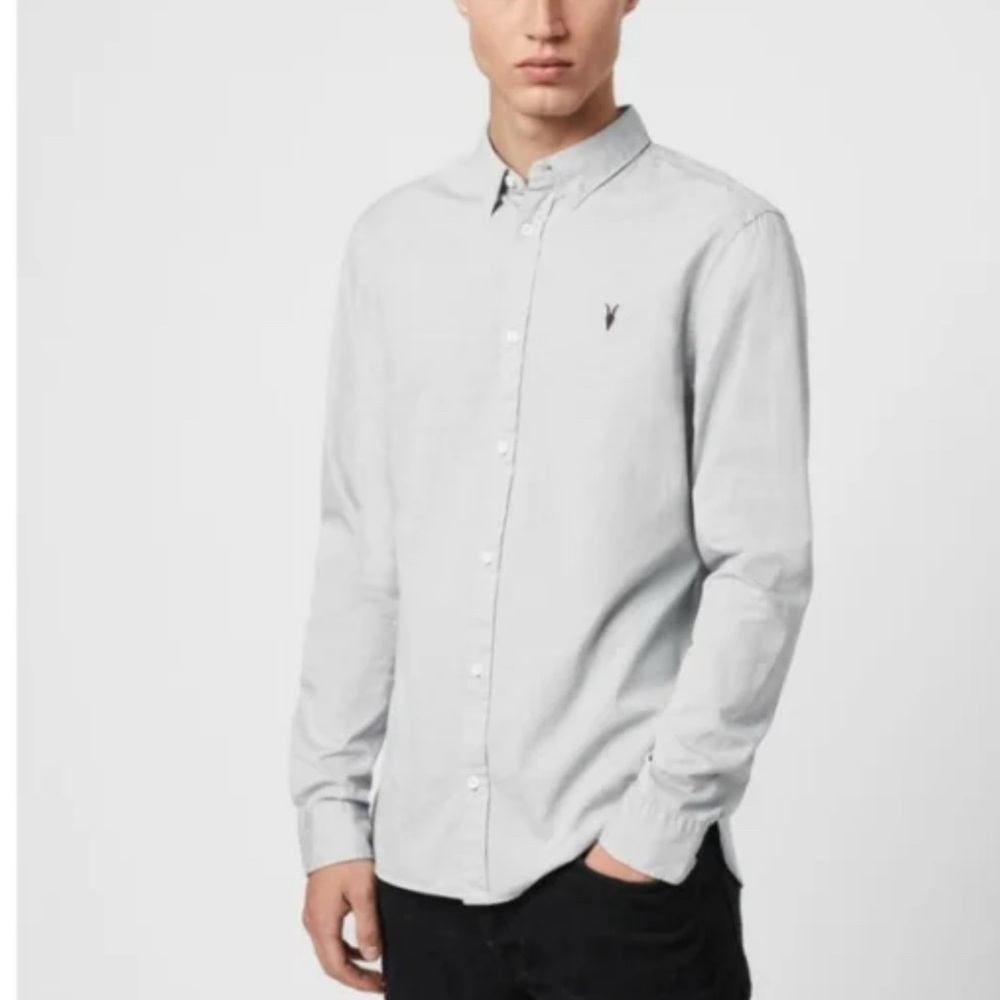 AllSaints Men's Slim-Fit Button-Up Shirt — Pale Gray Cotton (Size M / Fits USA M